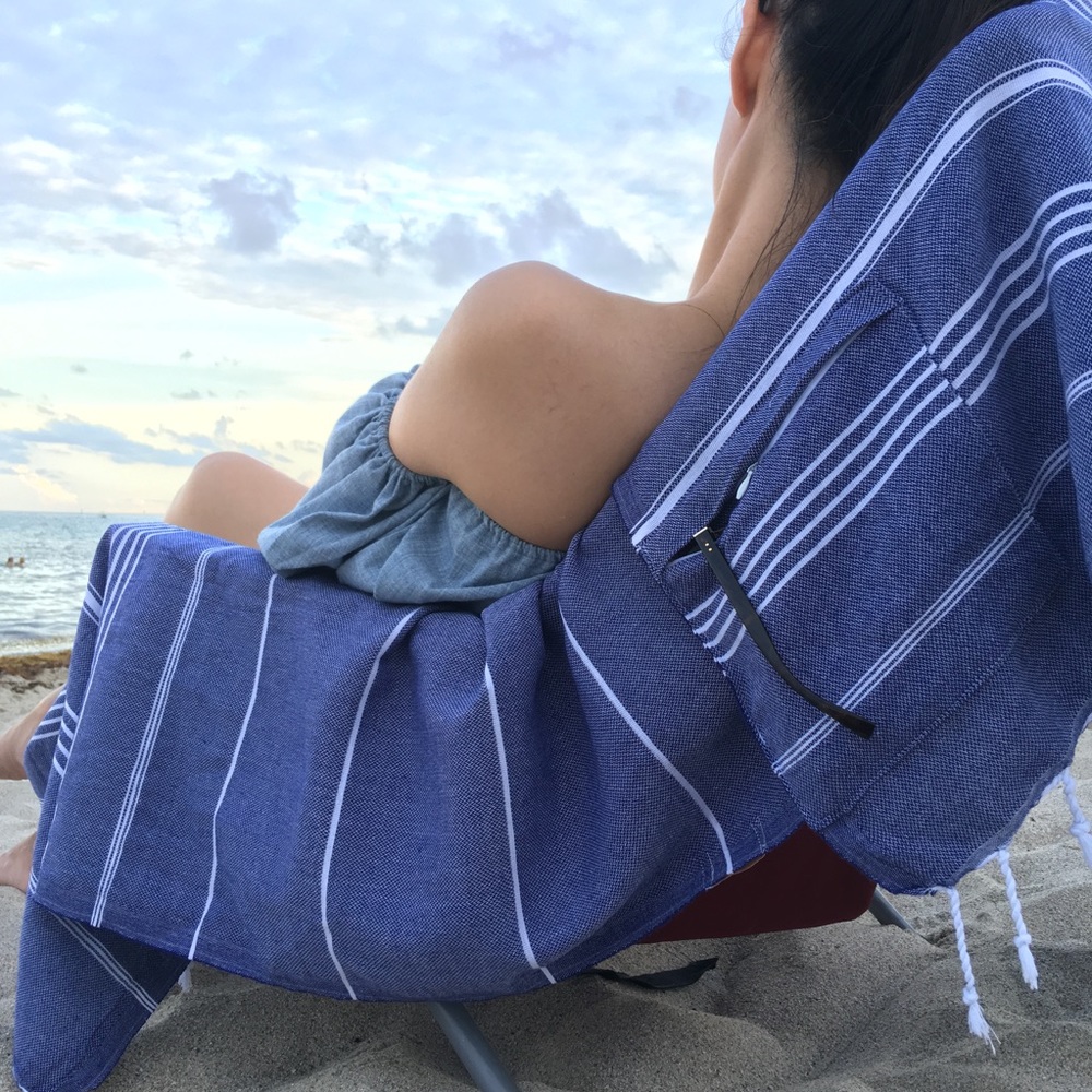 Turkish Beach Towel w/Hidden Pocket 75”Long Cotton Made in Turkiye